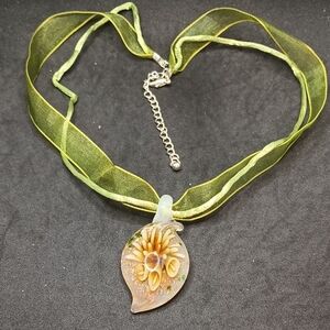 Hand Crafted Green and Gold Floral Pendant Necklace